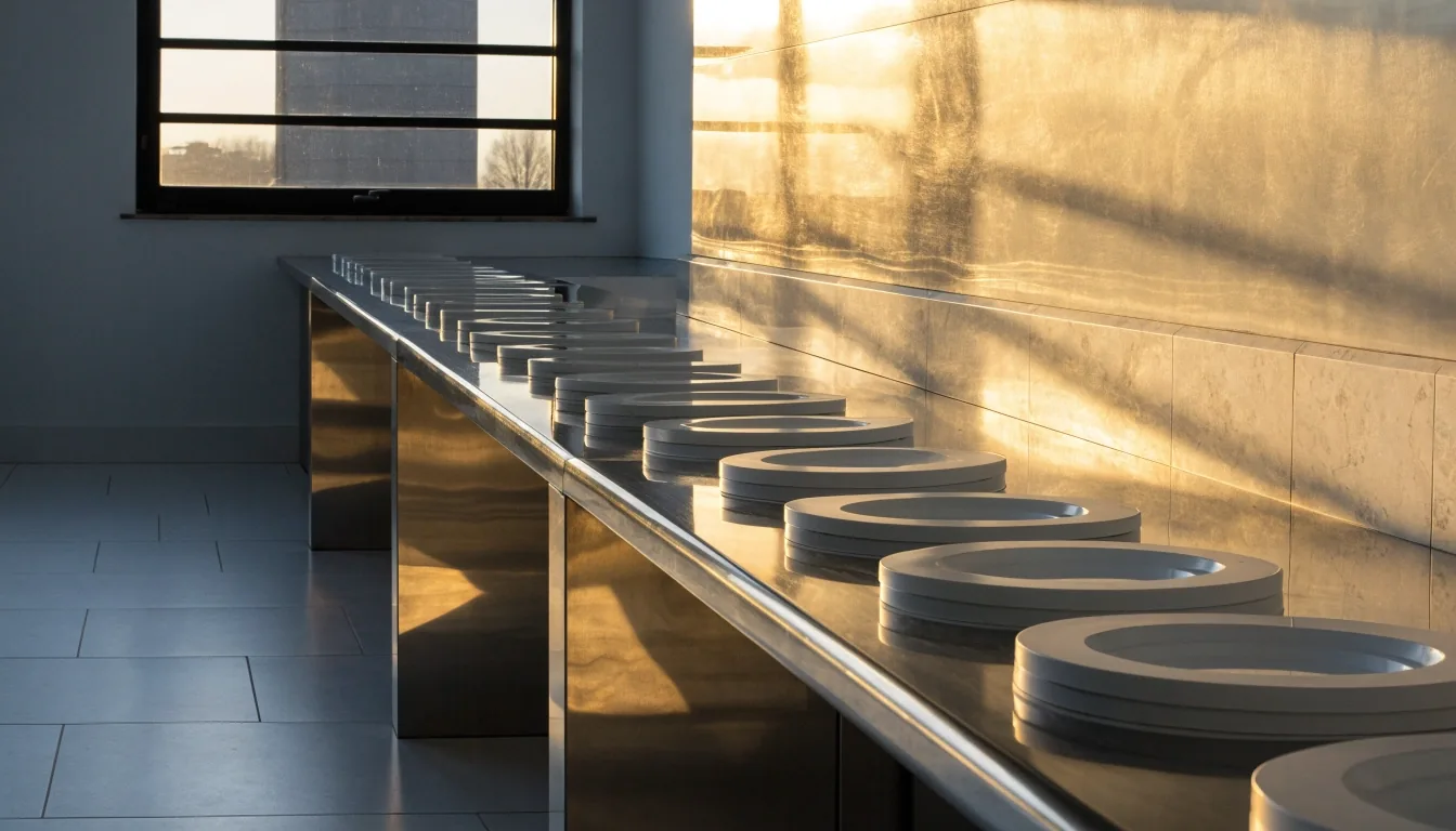 Editorial bench room with a steel tray on a white countertop under ice-white overhead light and a single window shade raking across the surface