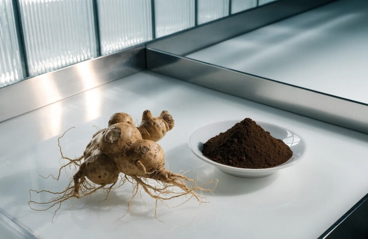 A stainless steel tray and white porcelain dish on a cleanroom worktop with a warm window shade raking the surface