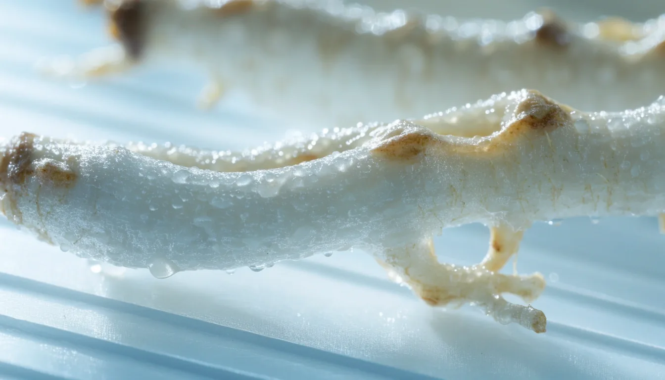 Dried ashwagandha roots piled on blank white paper on a countertop under soft overhead light