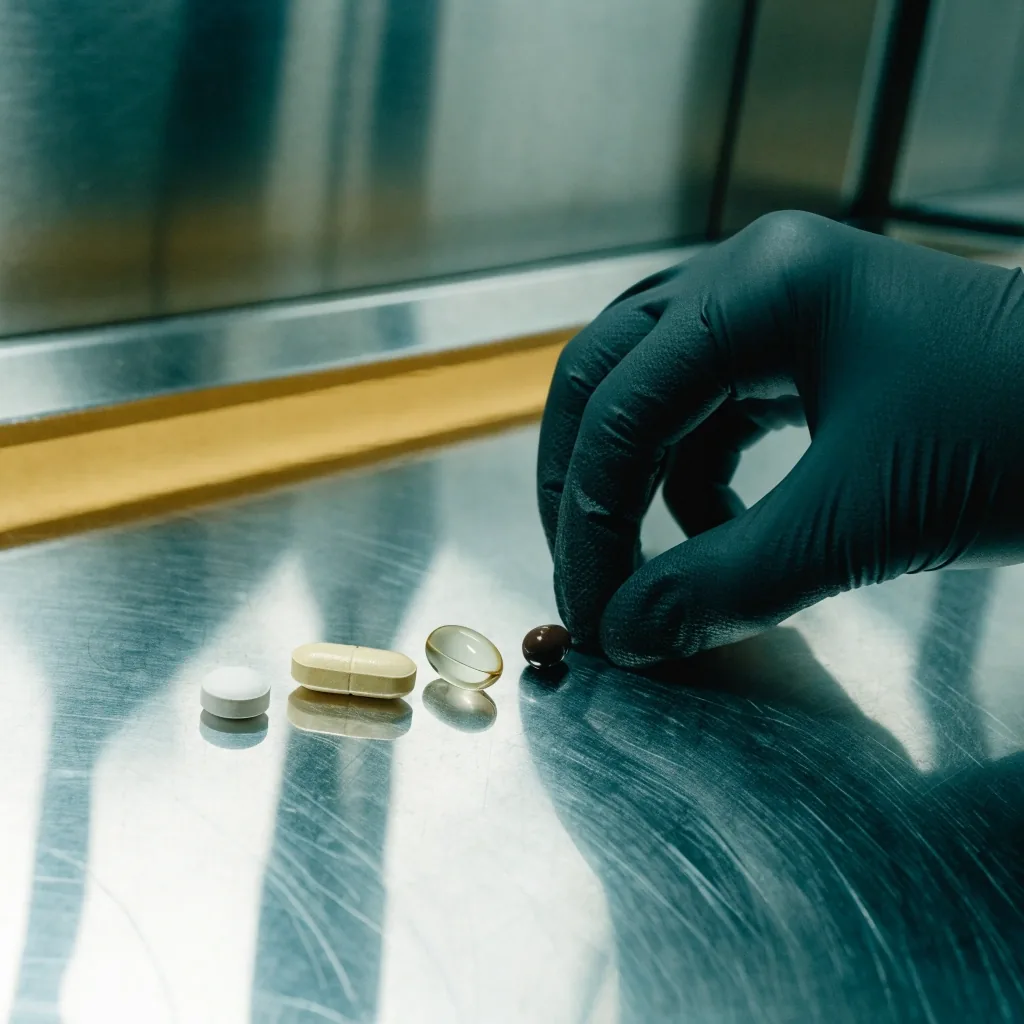 Four unbranded men's supplement formats lined up on a stainless cleanroom bench under ice-white overhead light with a warm late-afternoon window shade raking diagonally across the surface
