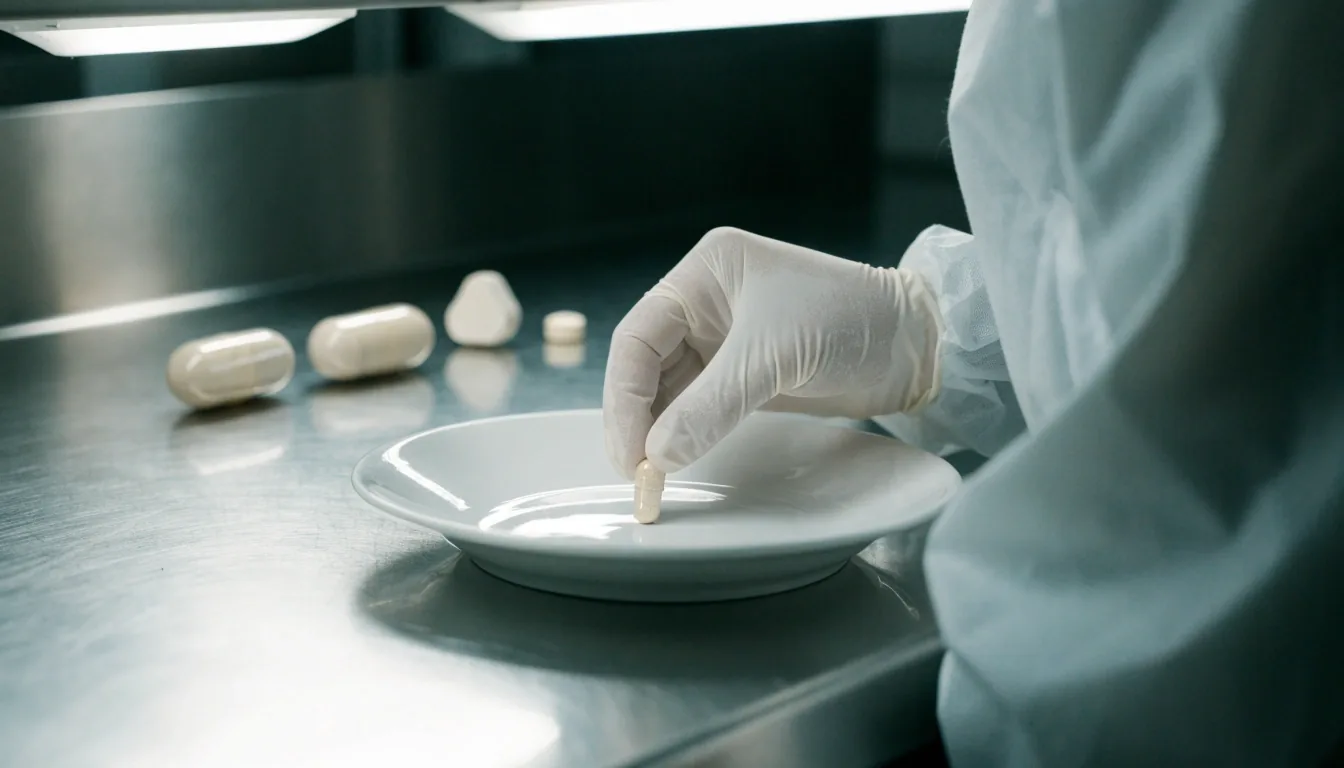 A cleanroom bench with four unbranded men's supplement formats laid in a row under cold overhead light and a warm window shade