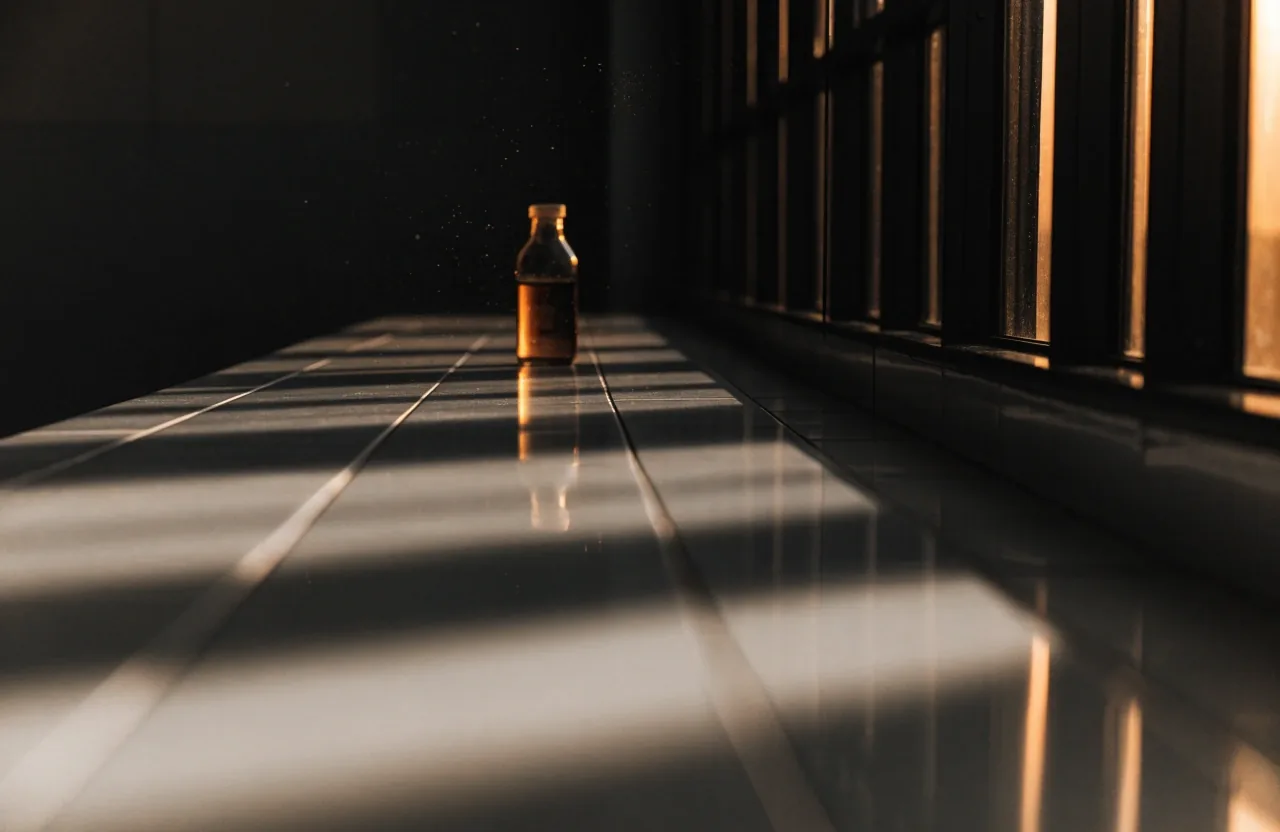 A long cleanroom bench lined with white tiles, lit by a tall window at dusk