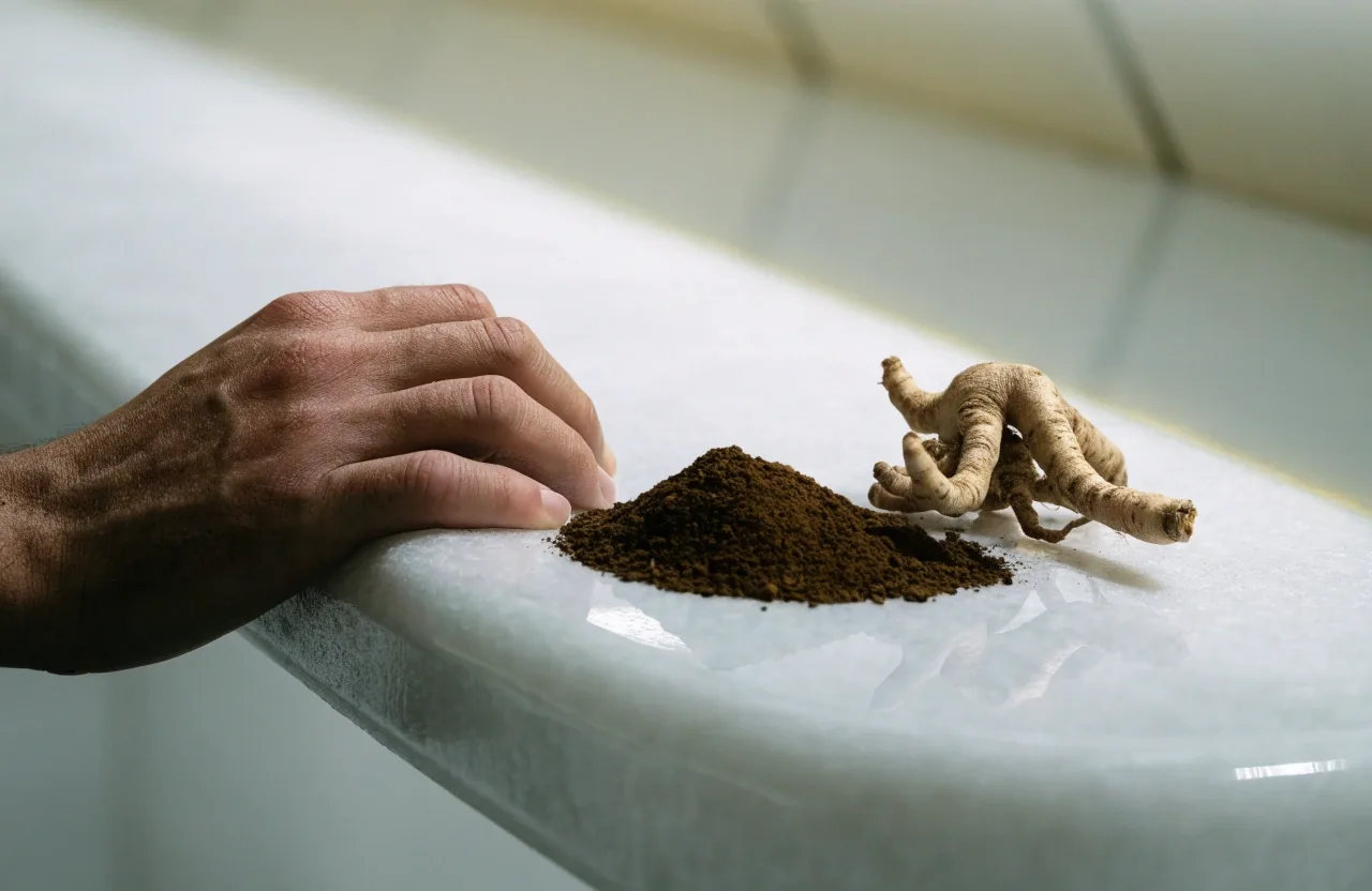 Whole ginseng roots and dried ashwagandha arranged on a white bench under flat overhead light