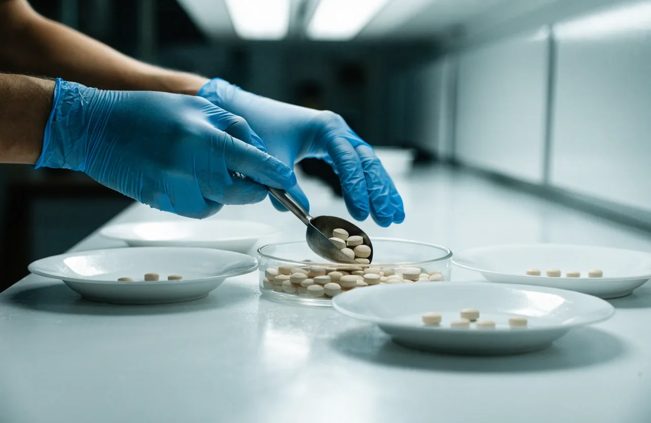 Four unbranded supplement formats on separate white plates under cold overhead light