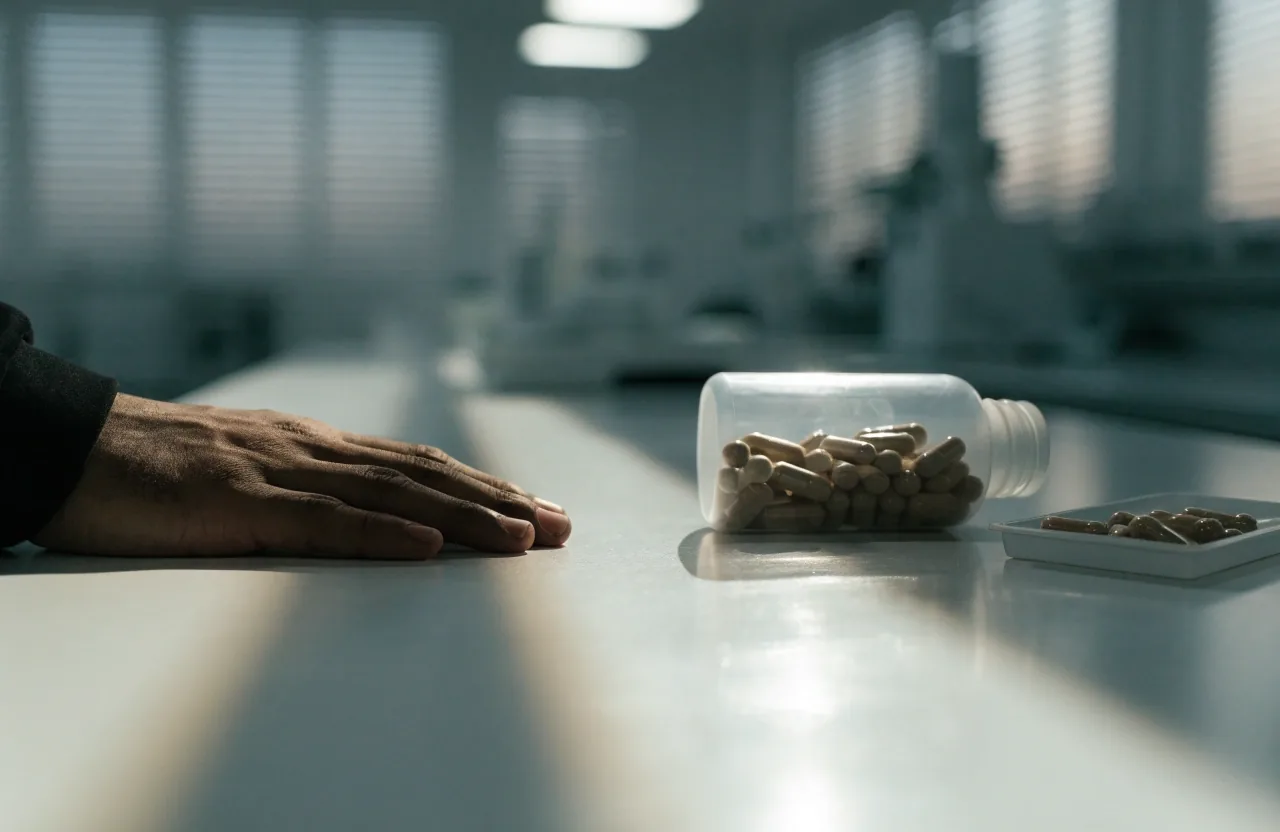 Silhouette of a man standing at a tall window at dusk inside a clean room