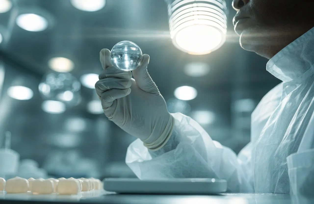 Three unbranded supplement formats laid in a row on a stainless tray under cold cleanroom light