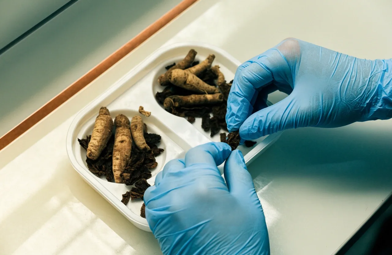 Whole ginseng roots and dried ashwagandha on a white cleanroom bench under cold overhead light