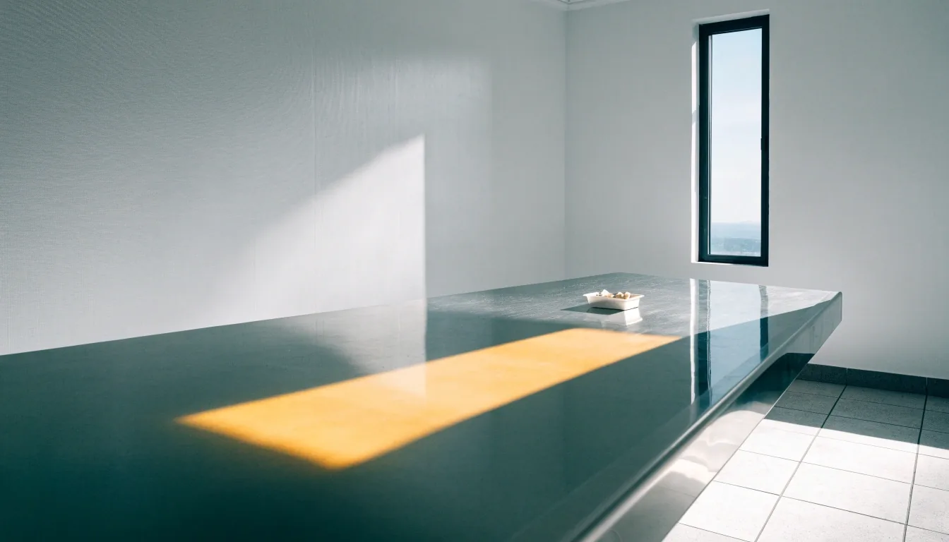 A stainless cleanroom bench under cold overhead light, with a single warm late-day shade line raking across it