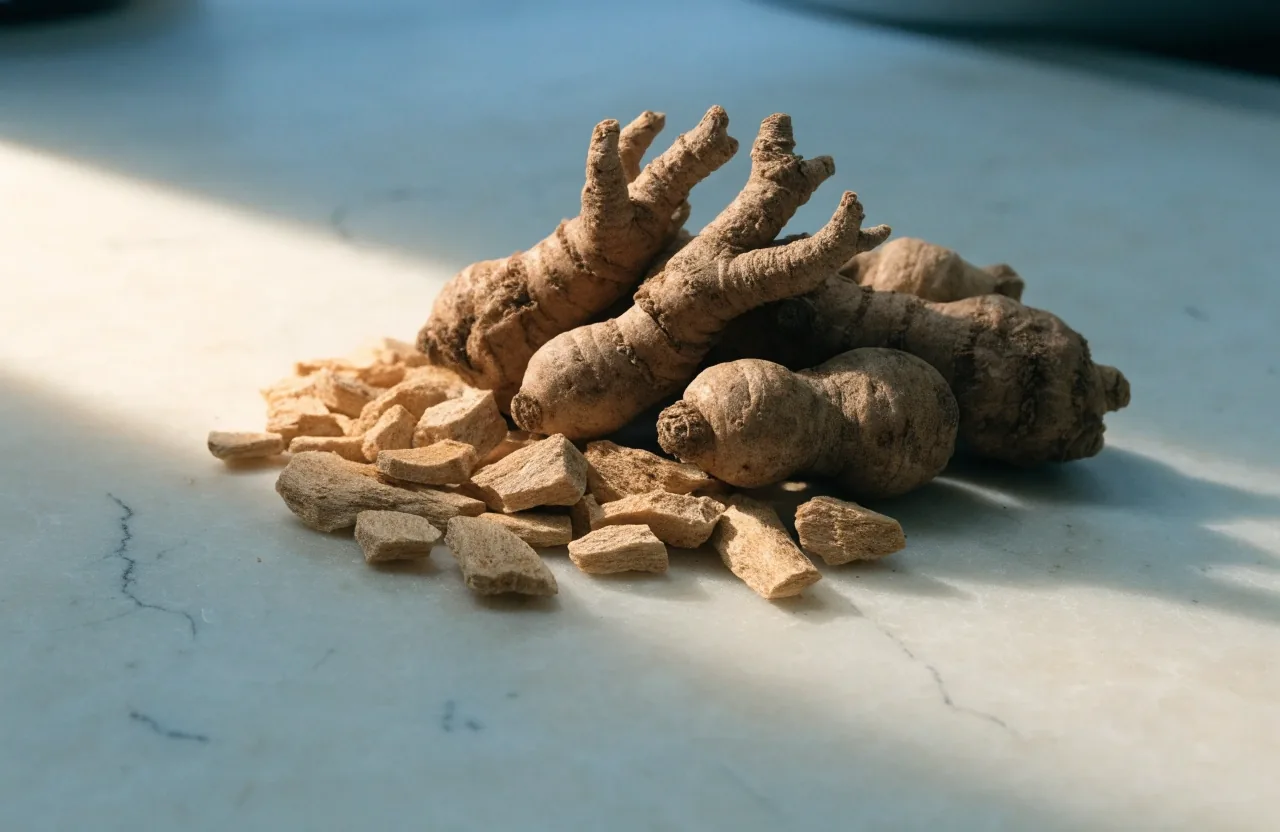 Whole ginseng roots and dried ashwagandha pieces arranged on a plain white surface under even light